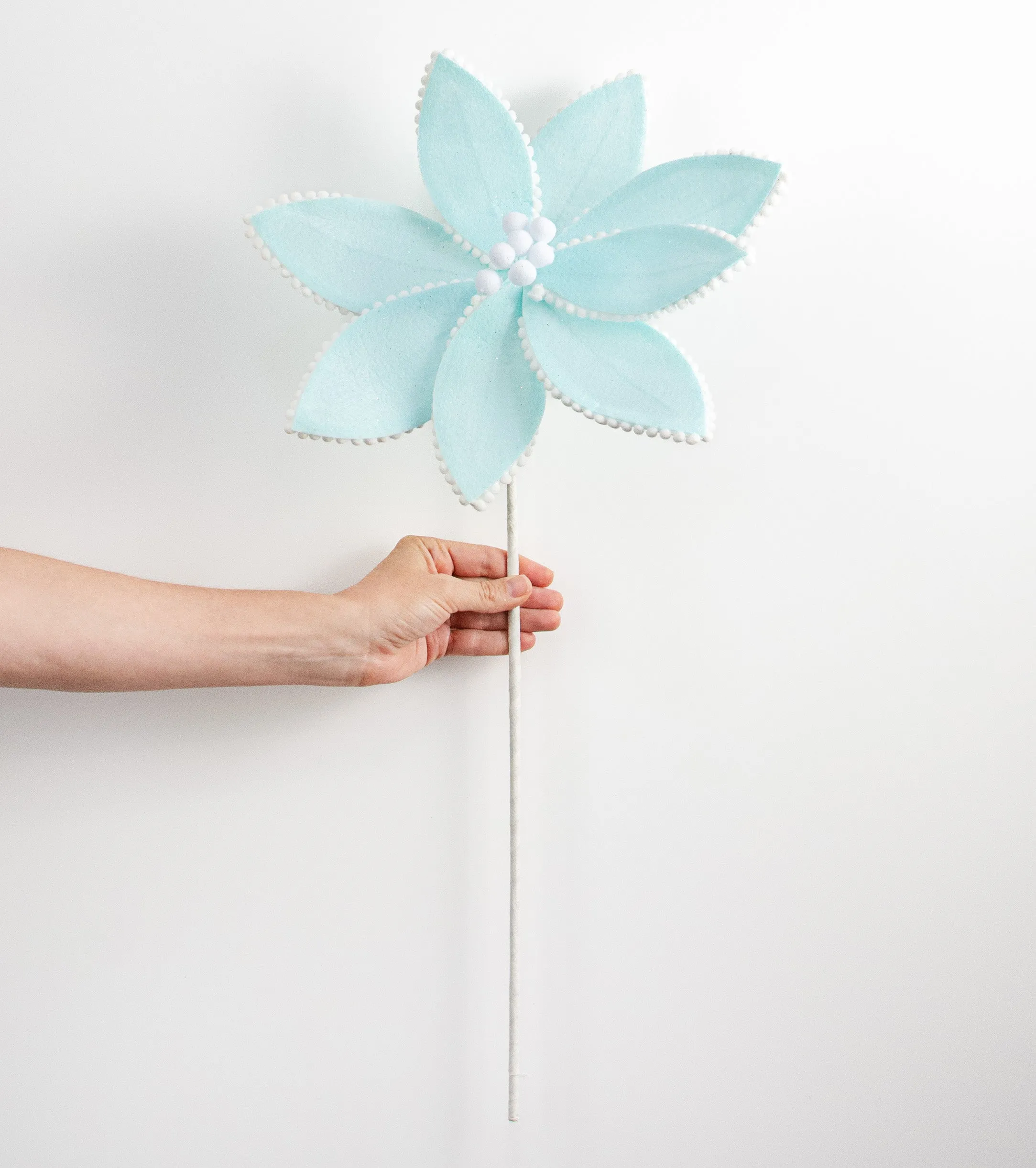 12" Felt Poinsettia Ball Fringe Stem: Light Blue