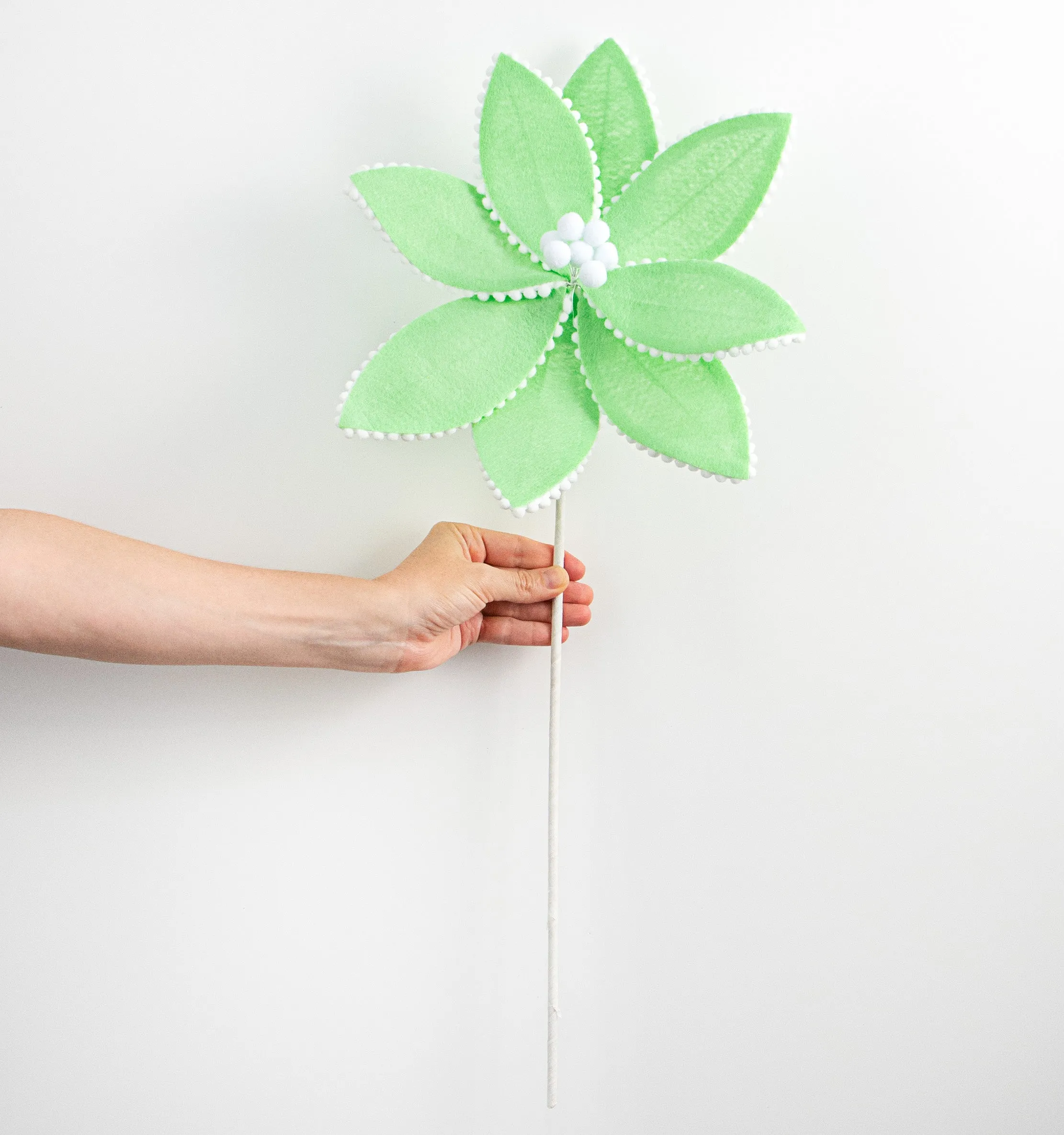 12" Felt Poinsettia Ball Fringe Stem: Mint Green