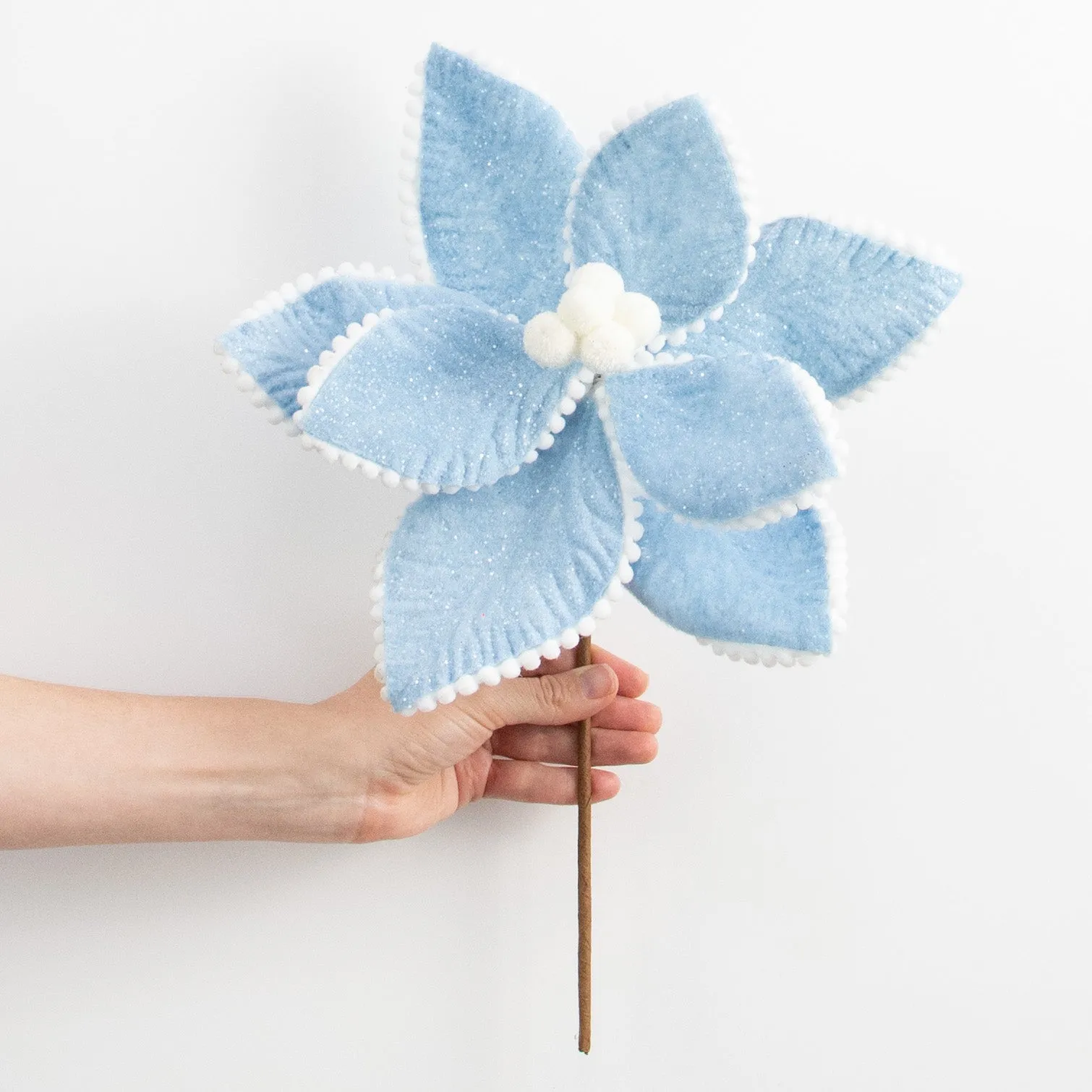 13" Frosted Poinsettia Pick: Blue & White