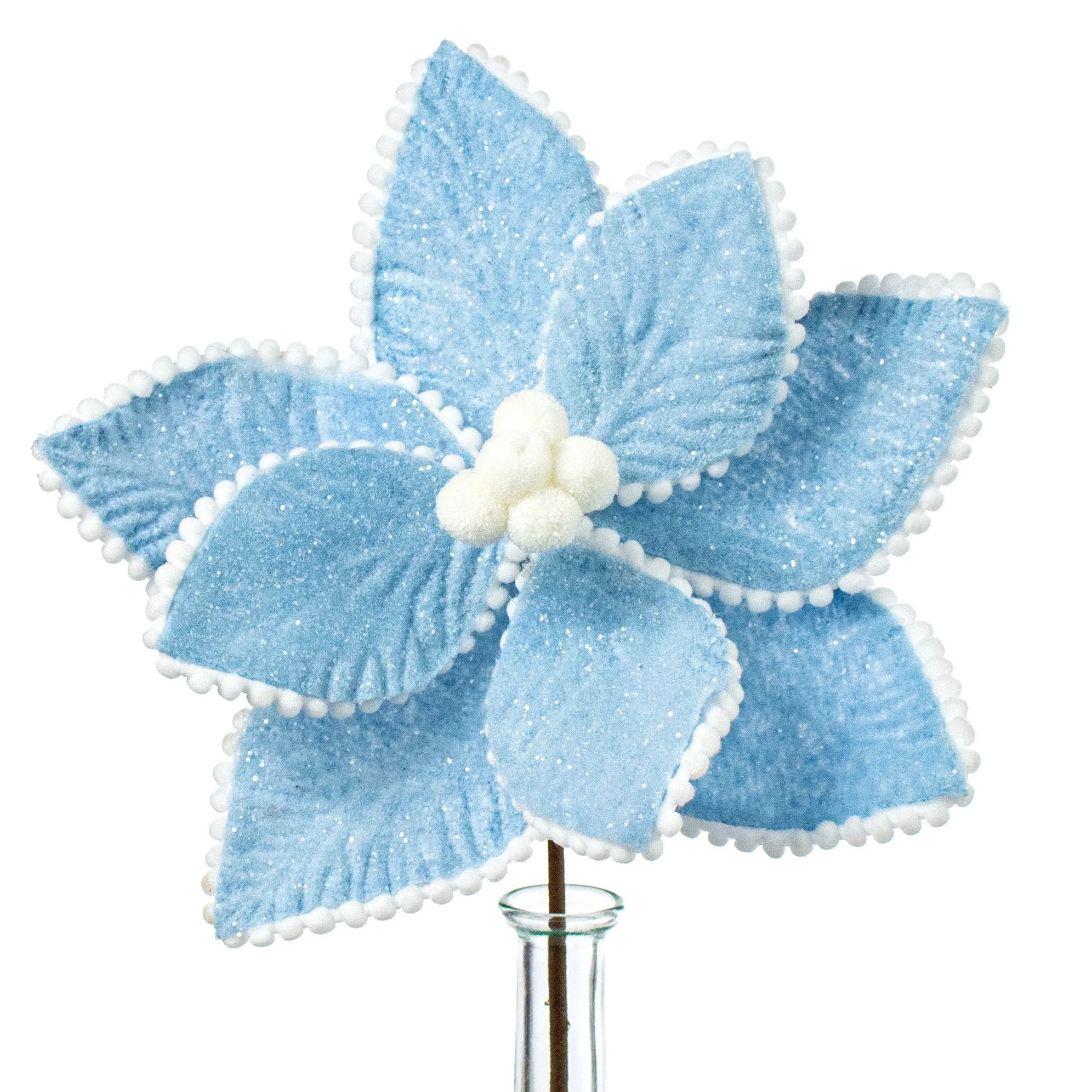 13" Frosted Poinsettia Pick: Blue & White