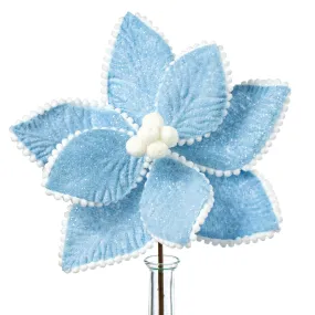 13" Frosted Poinsettia Pick: Blue & White