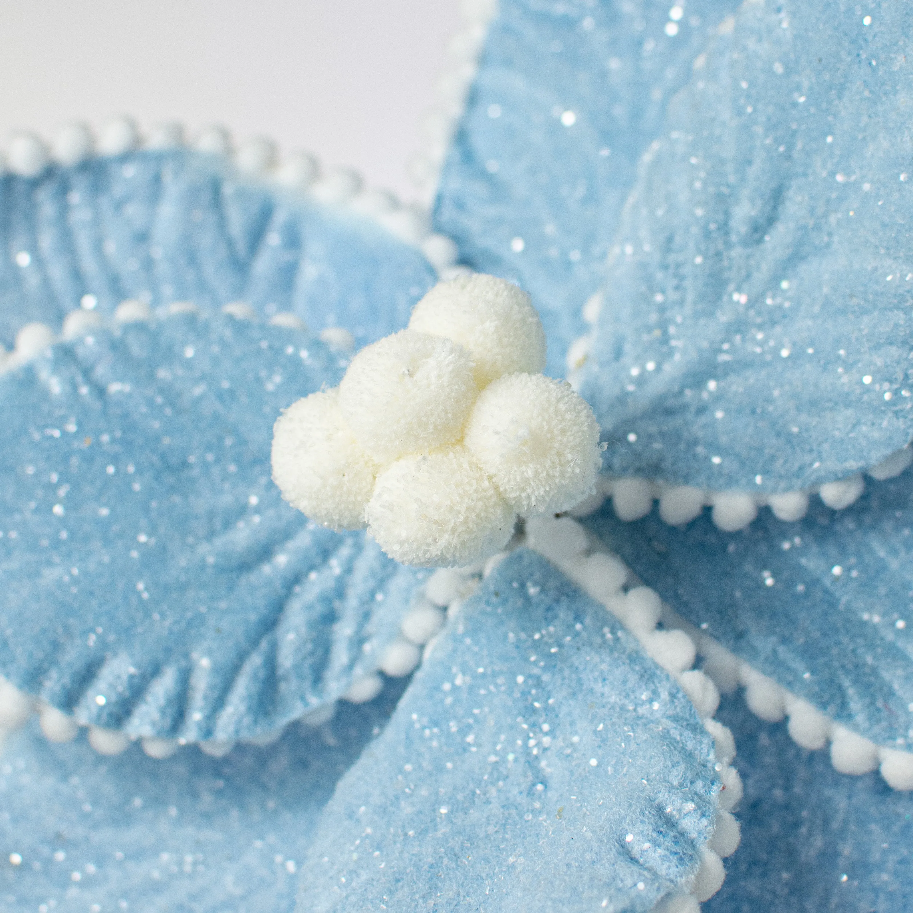 13" Frosted Poinsettia Pick: Blue & White