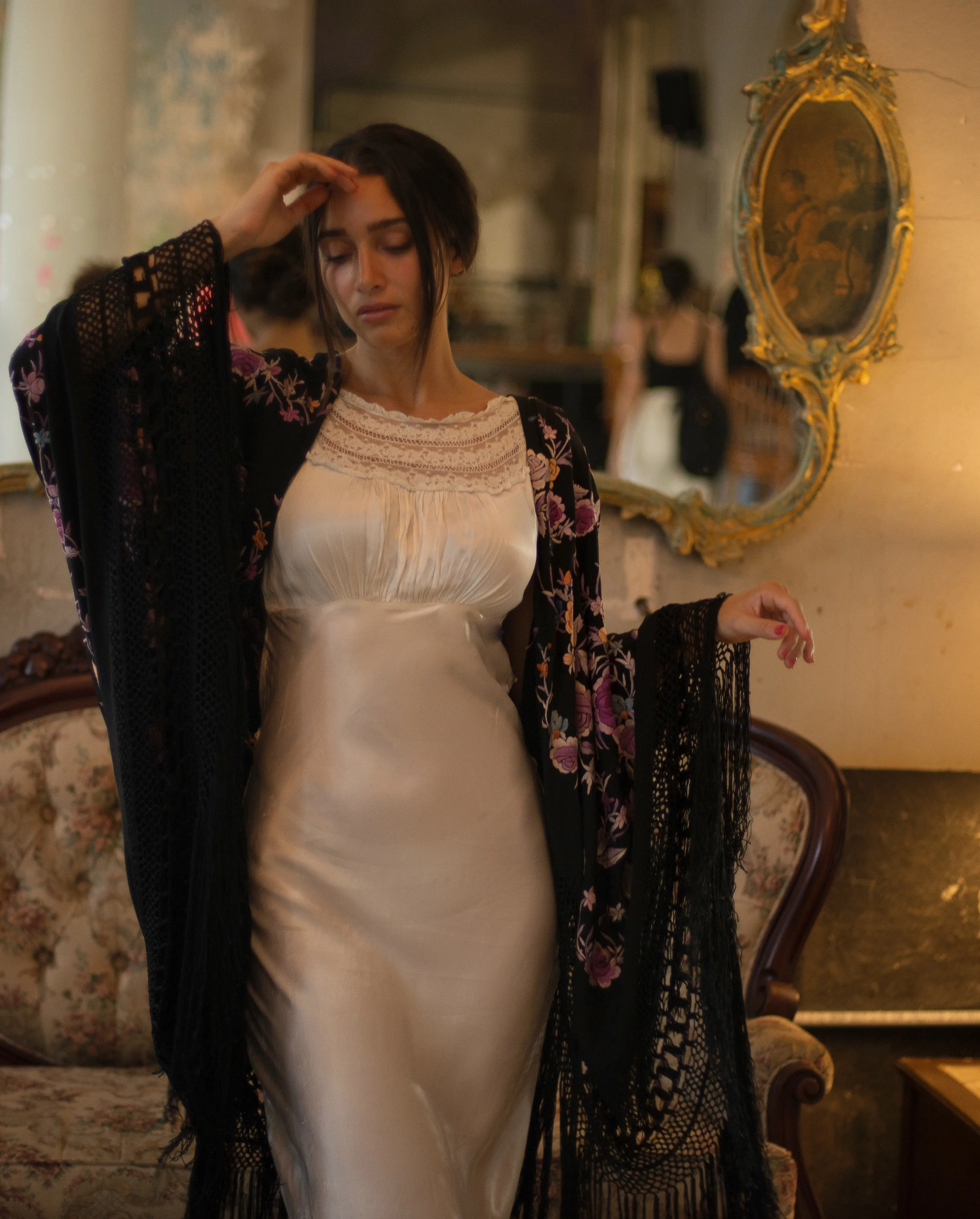 1920s silk hand embroidered lavender rose piano shawl, 220x220cm