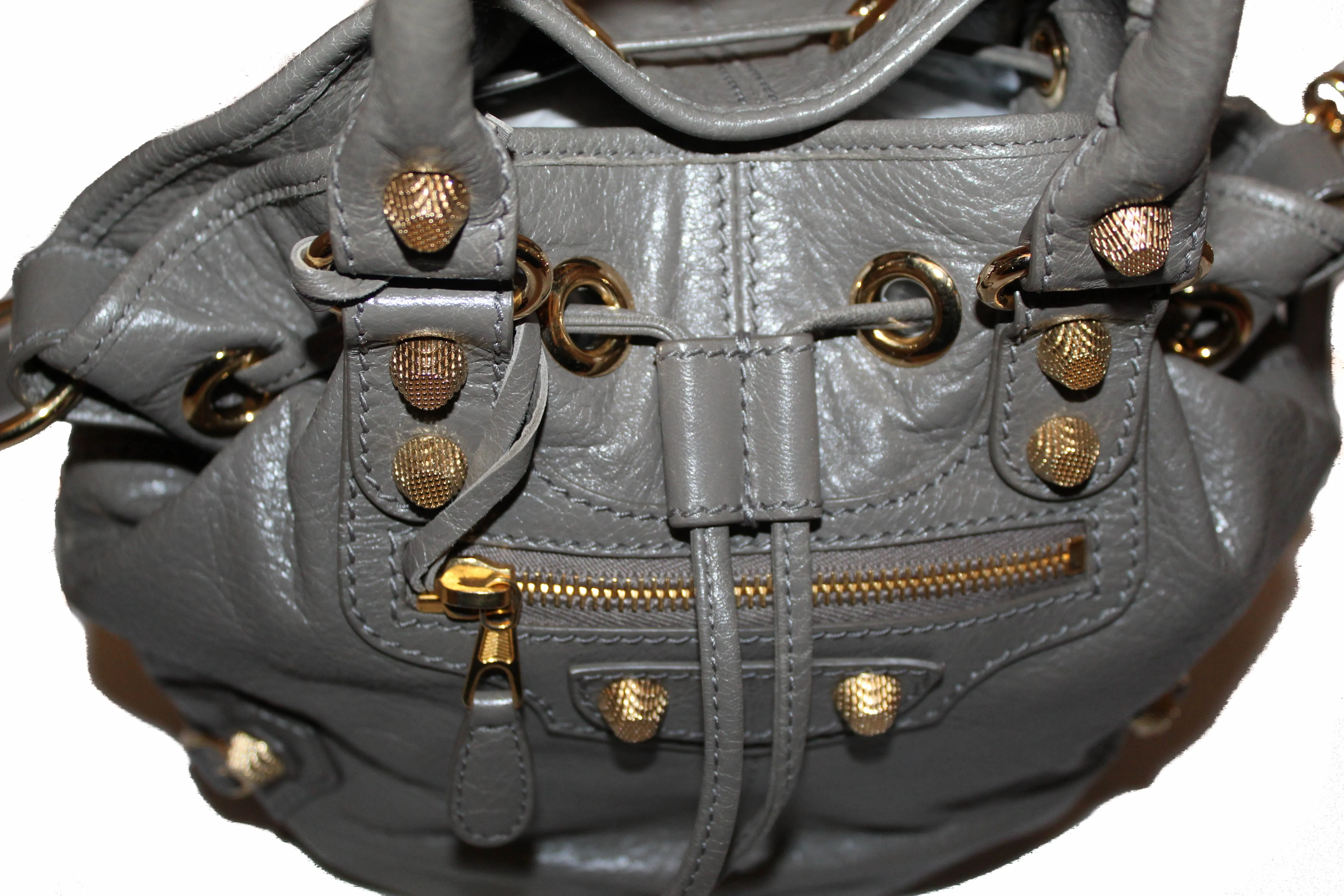 Authentic Balenciaga Grey Leather Mini Pompon Bucket Messenger Bag