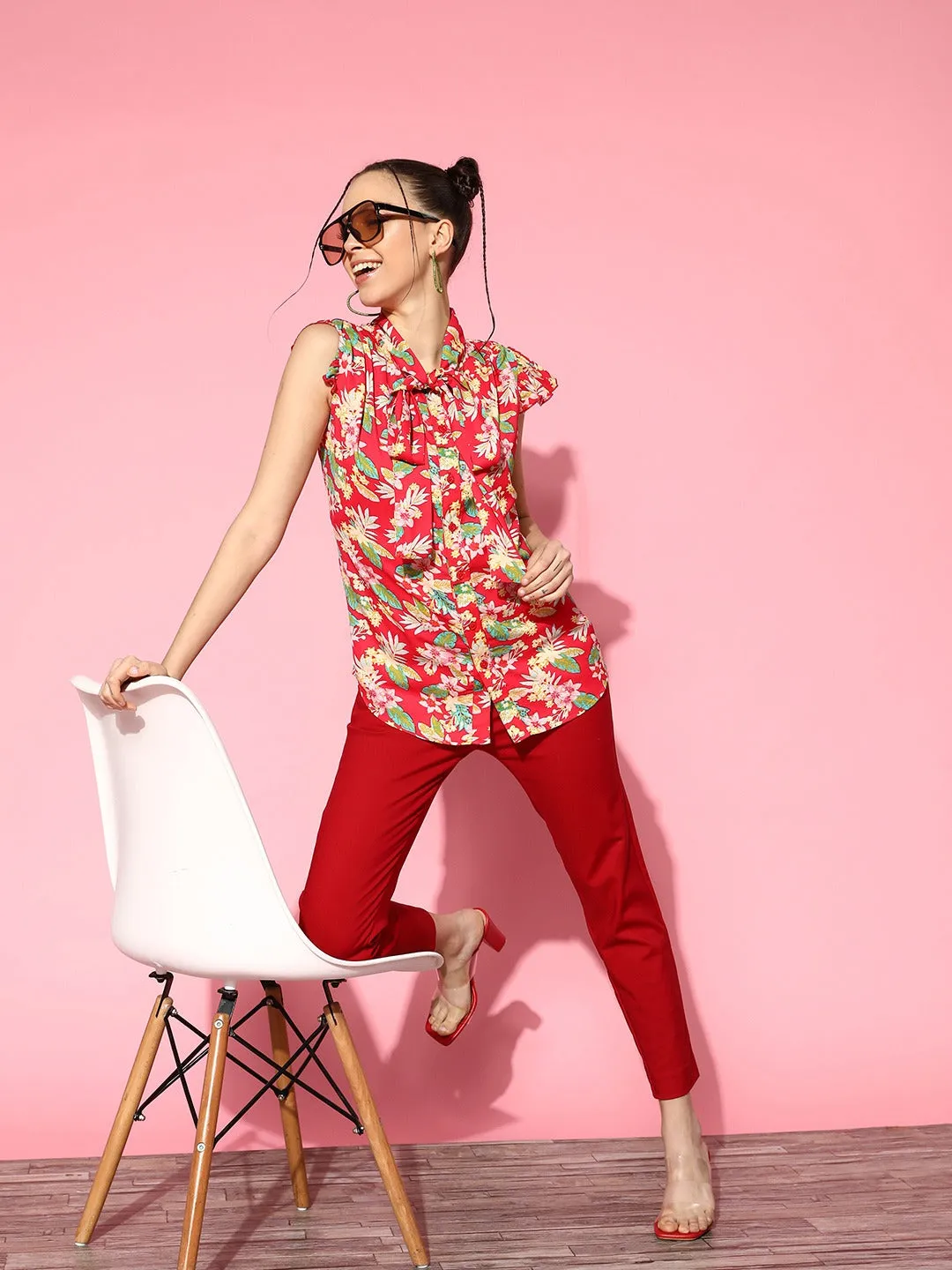 Berrylush Women Pink & Multicolour Floral Printed Tie-Up Neck Button-Up Crepe Ruffled Regular Top
