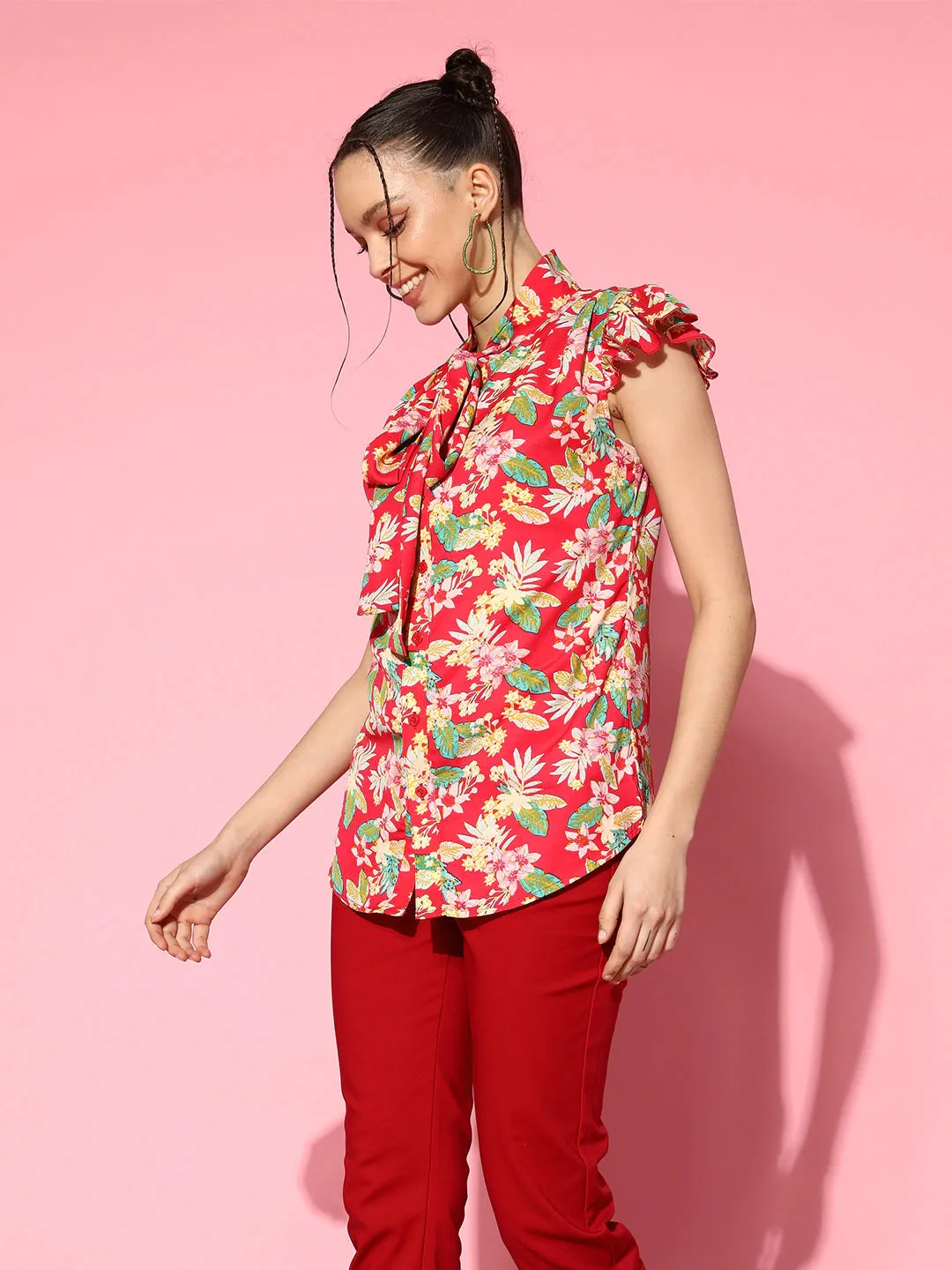 Berrylush Women Pink & Multicolour Floral Printed Tie-Up Neck Button-Up Crepe Ruffled Regular Top