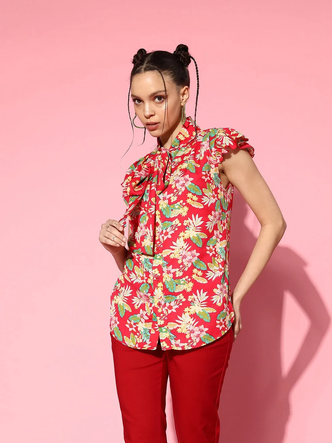 Berrylush Women Pink & Multicolour Floral Printed Tie-Up Neck Button-Up Crepe Ruffled Regular Top