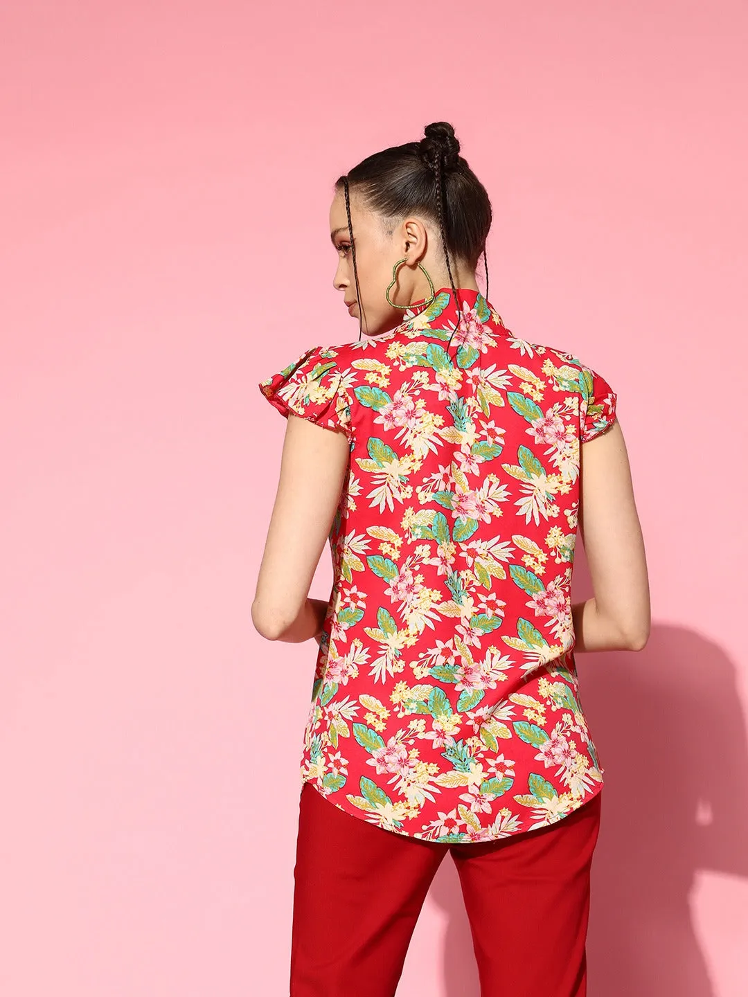 Berrylush Women Pink & Multicolour Floral Printed Tie-Up Neck Button-Up Crepe Ruffled Regular Top