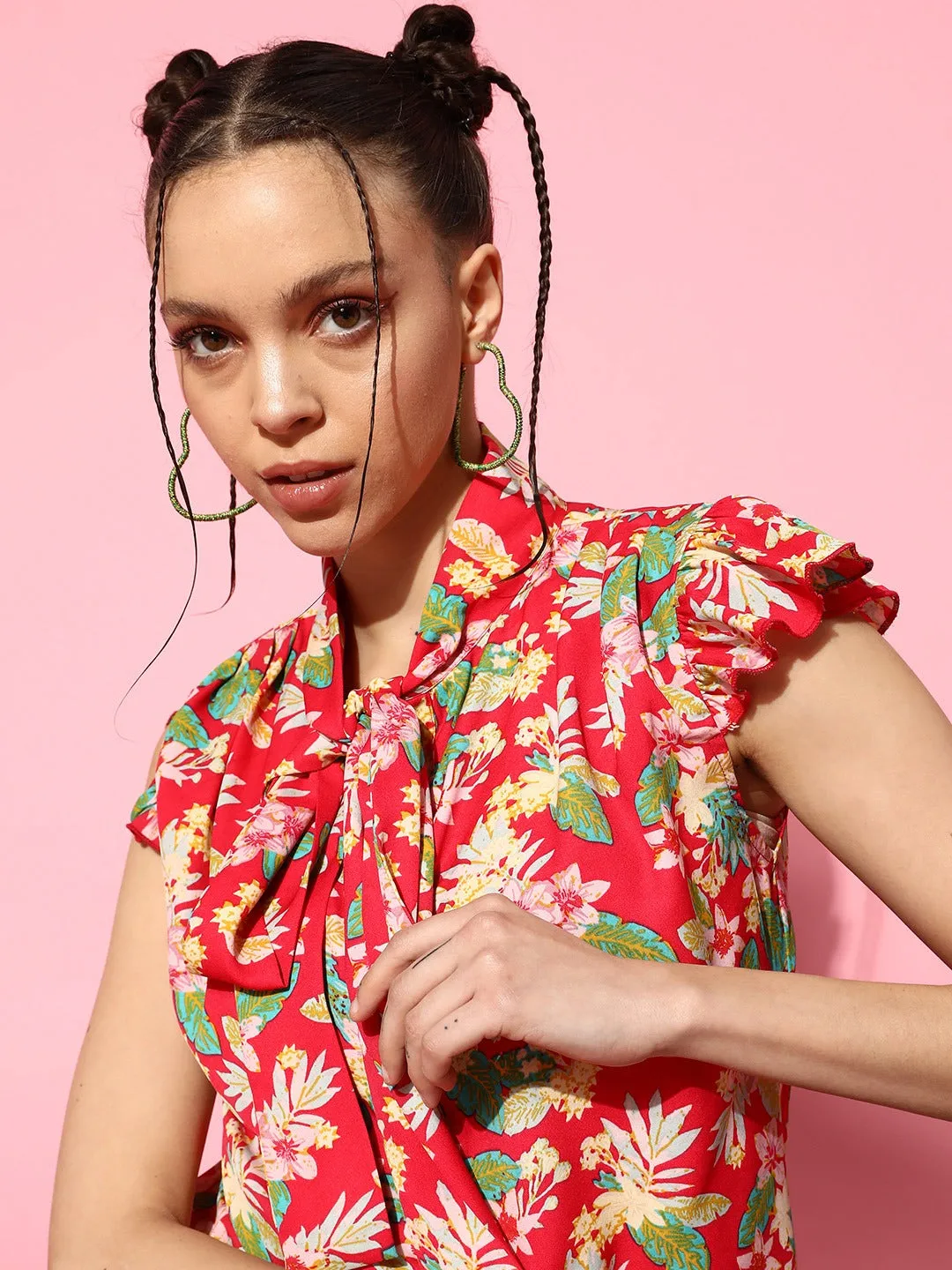 Berrylush Women Pink & Multicolour Floral Printed Tie-Up Neck Button-Up Crepe Ruffled Regular Top