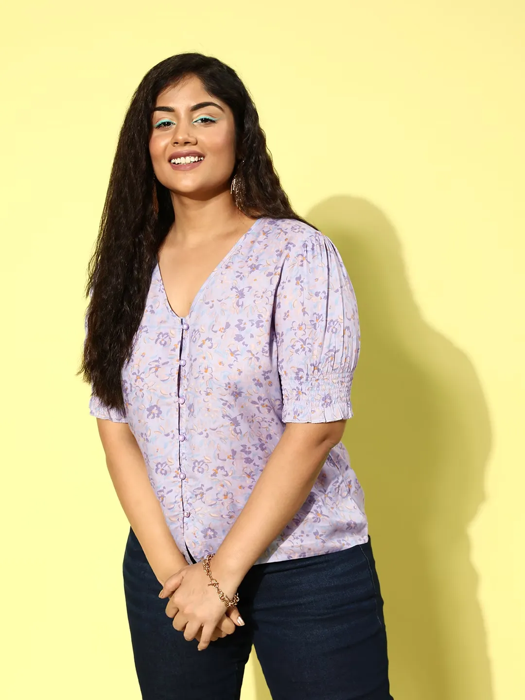 Berrylush Women Plus Size Purple Floral Printed V-Neck Puff Sleeves Button-Up Crepe Smocked Regular Top