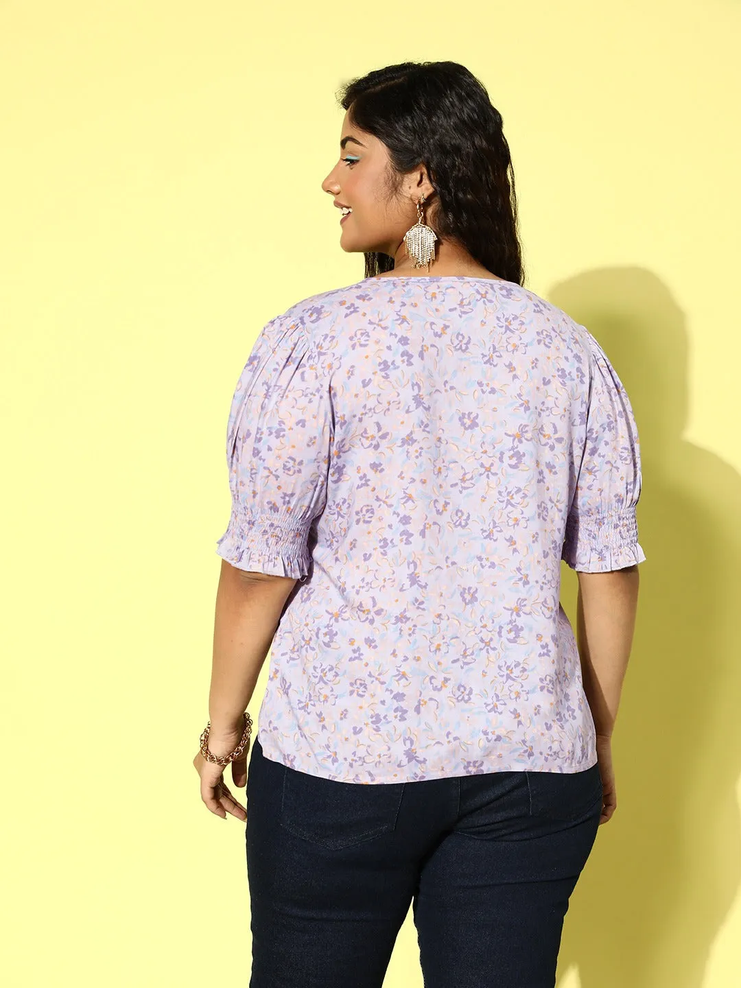 Berrylush Women Plus Size Purple Floral Printed V-Neck Puff Sleeves Button-Up Crepe Smocked Regular Top