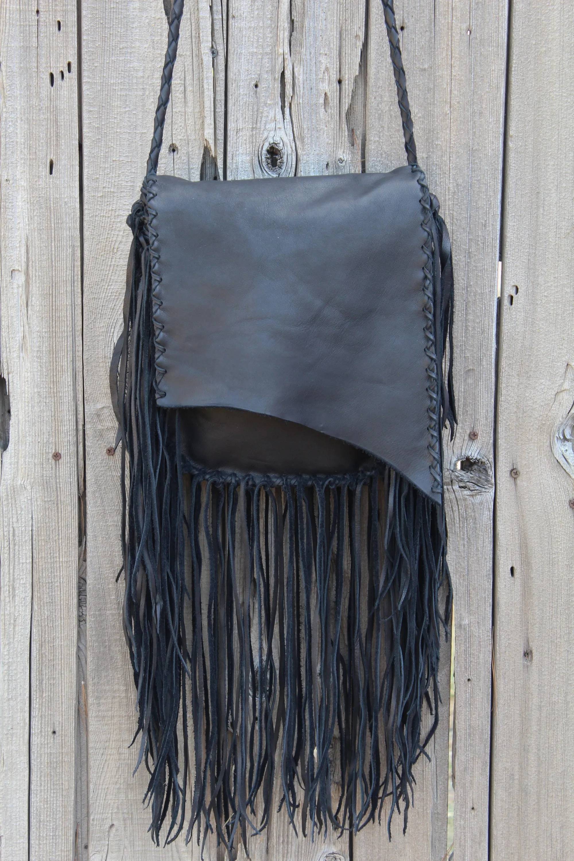 Black leather handbag, fringed leather bag