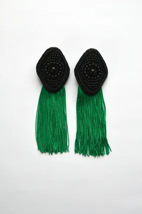 Black rhombus earrings with green fringe