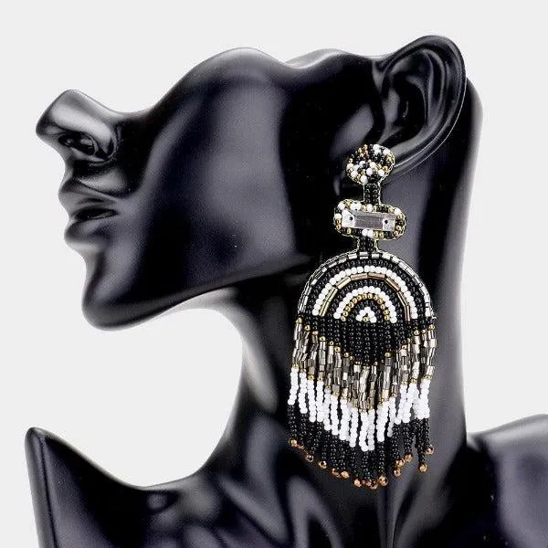 Boho Black Seed Beaded Fringe Earrings