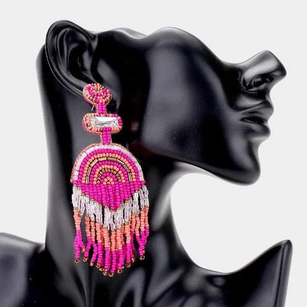 Boho Fuchsia Seed Beaded Fringe Earrings