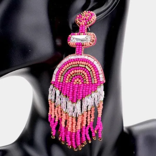 Boho Fuchsia Seed Beaded Fringe Earrings