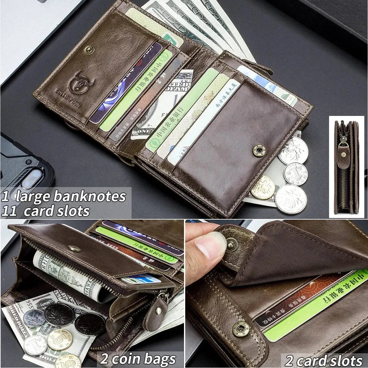BULLCAPTAIN Leather Wallet Men's Zipper Wallet Man Purse