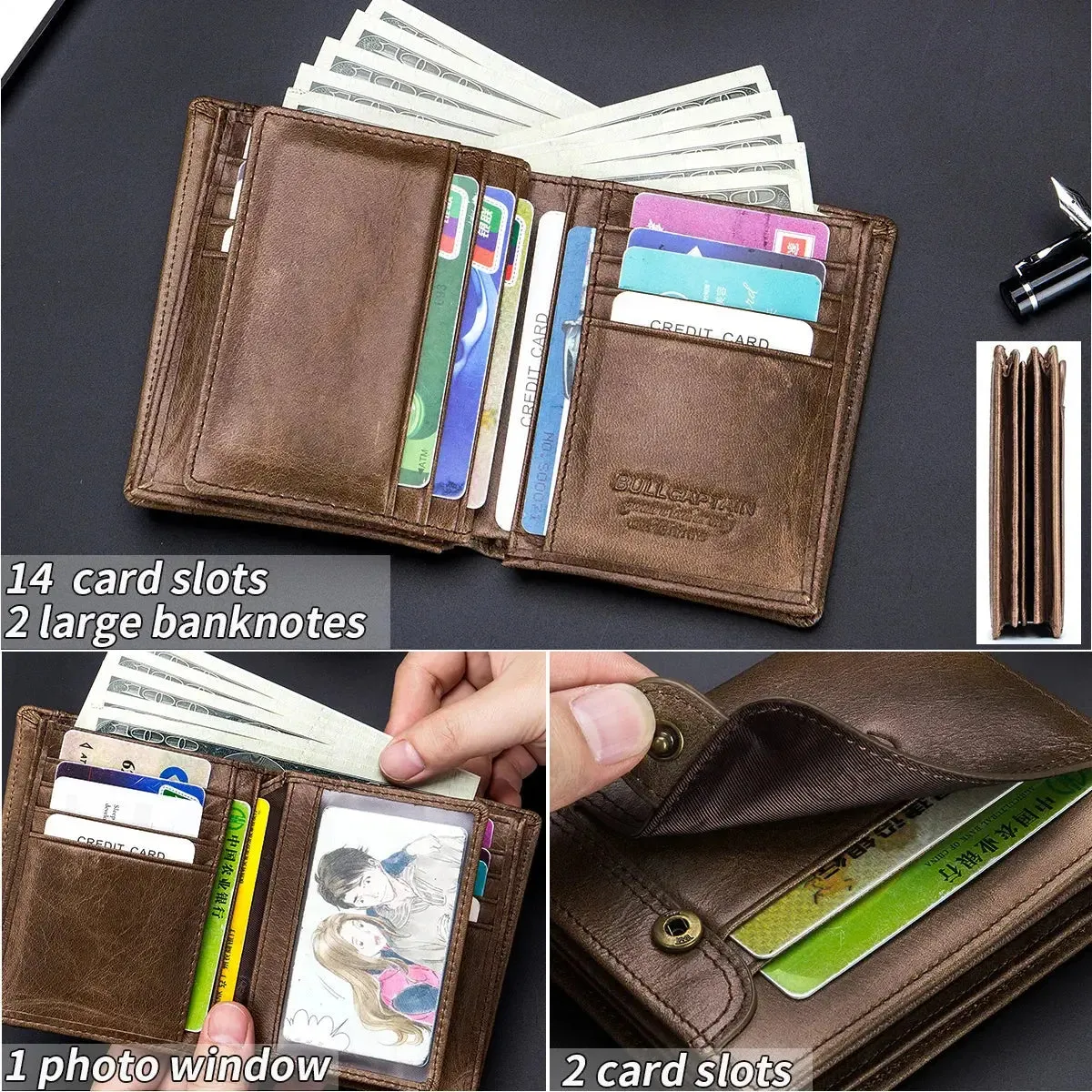 BULLCAPTAIN Leather Wallet Men's Zipper Wallet Man Purse