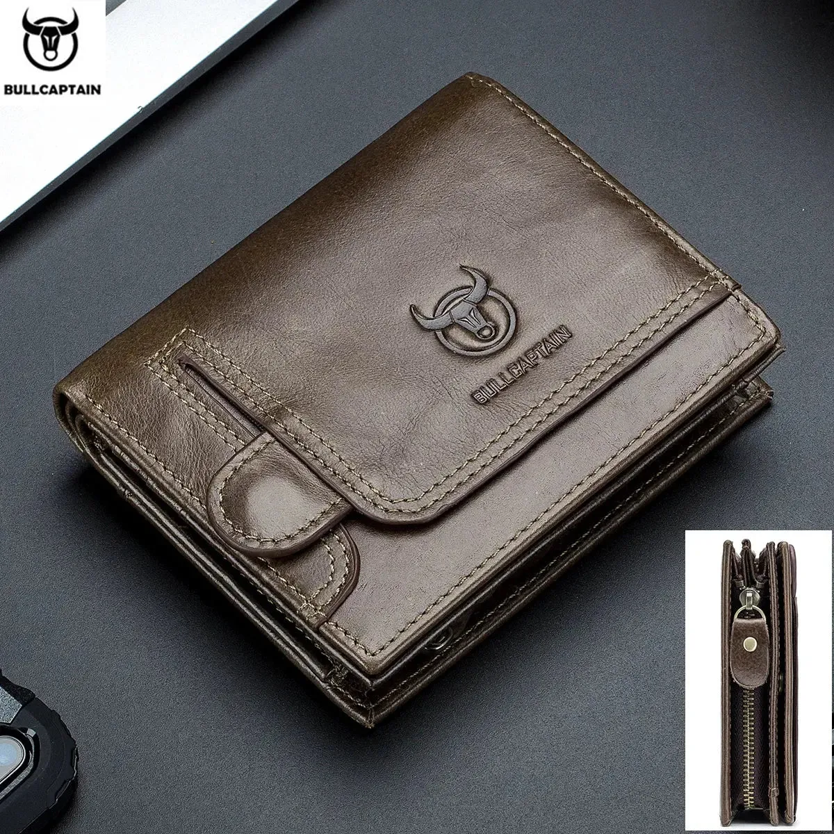 BULLCAPTAIN Leather Wallet Men's Zipper Wallet Man Purse