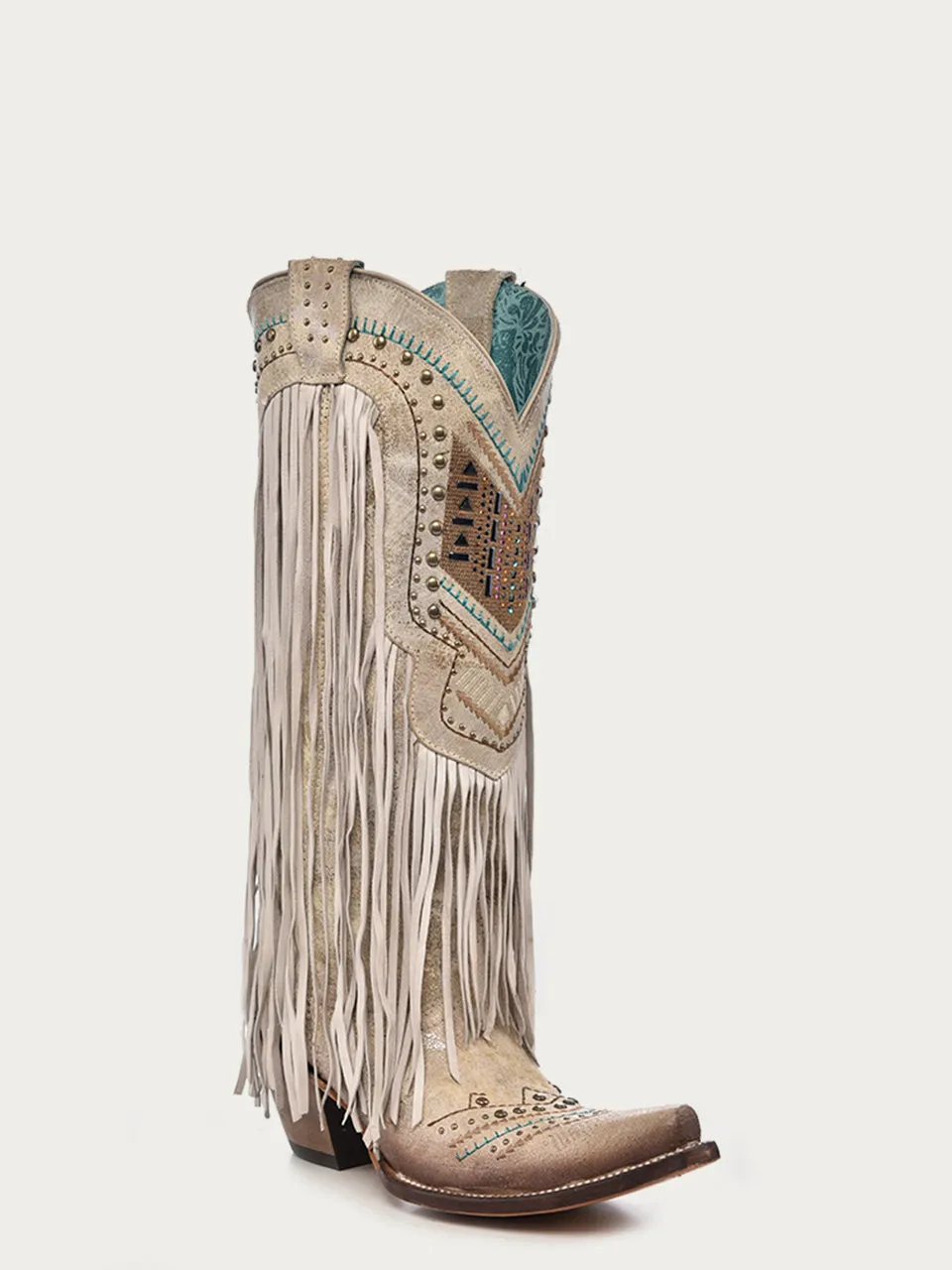 C3424 - BLUE EMBROIDERY CRYSTALS PATTERN AND FRINGE