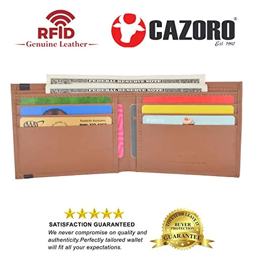 Cazoro Men’s Slimfold RFID Safe Slim Bifold Wallet Smooth Leather Front Pocket Tan
