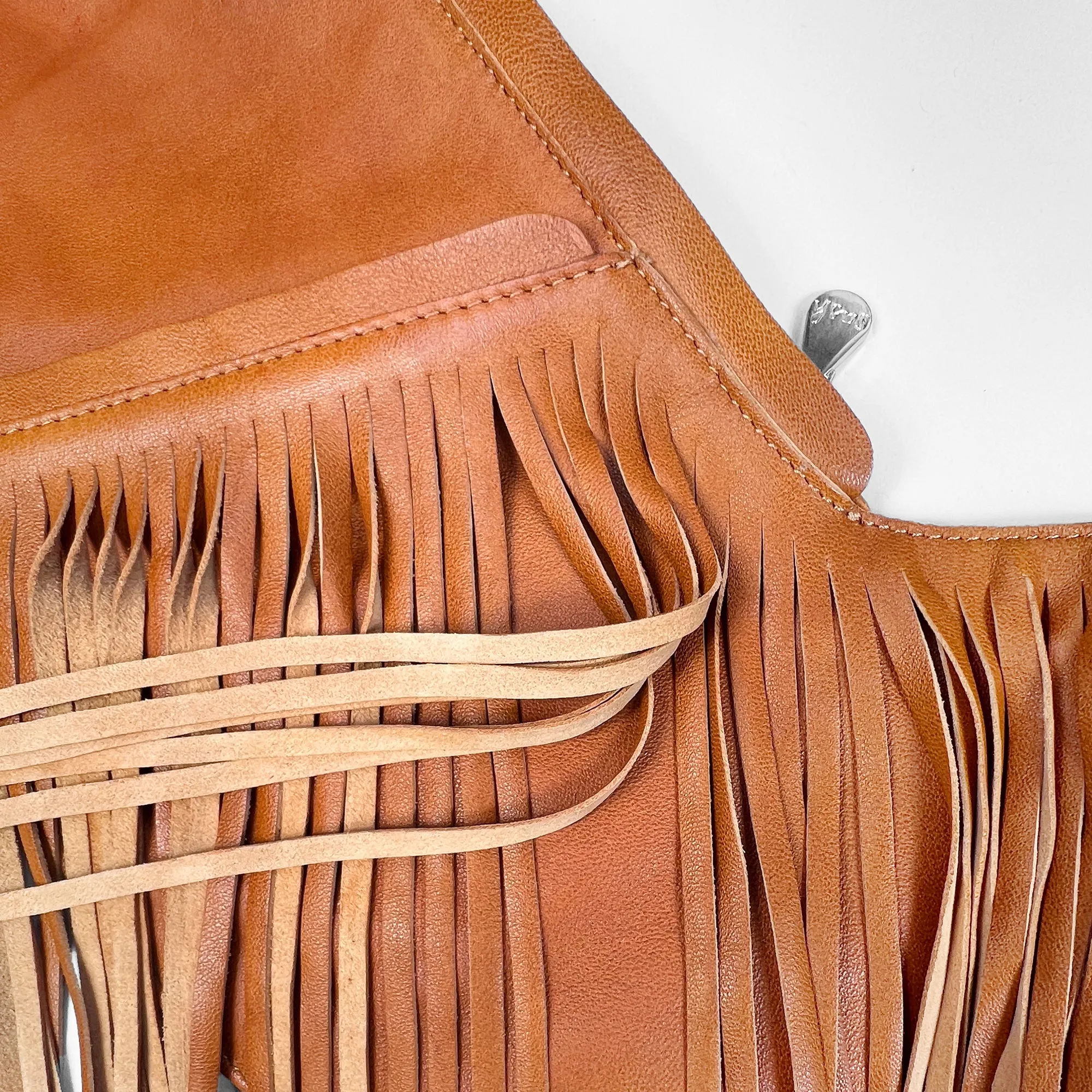 Cognac Fringe Leather Sash Bag