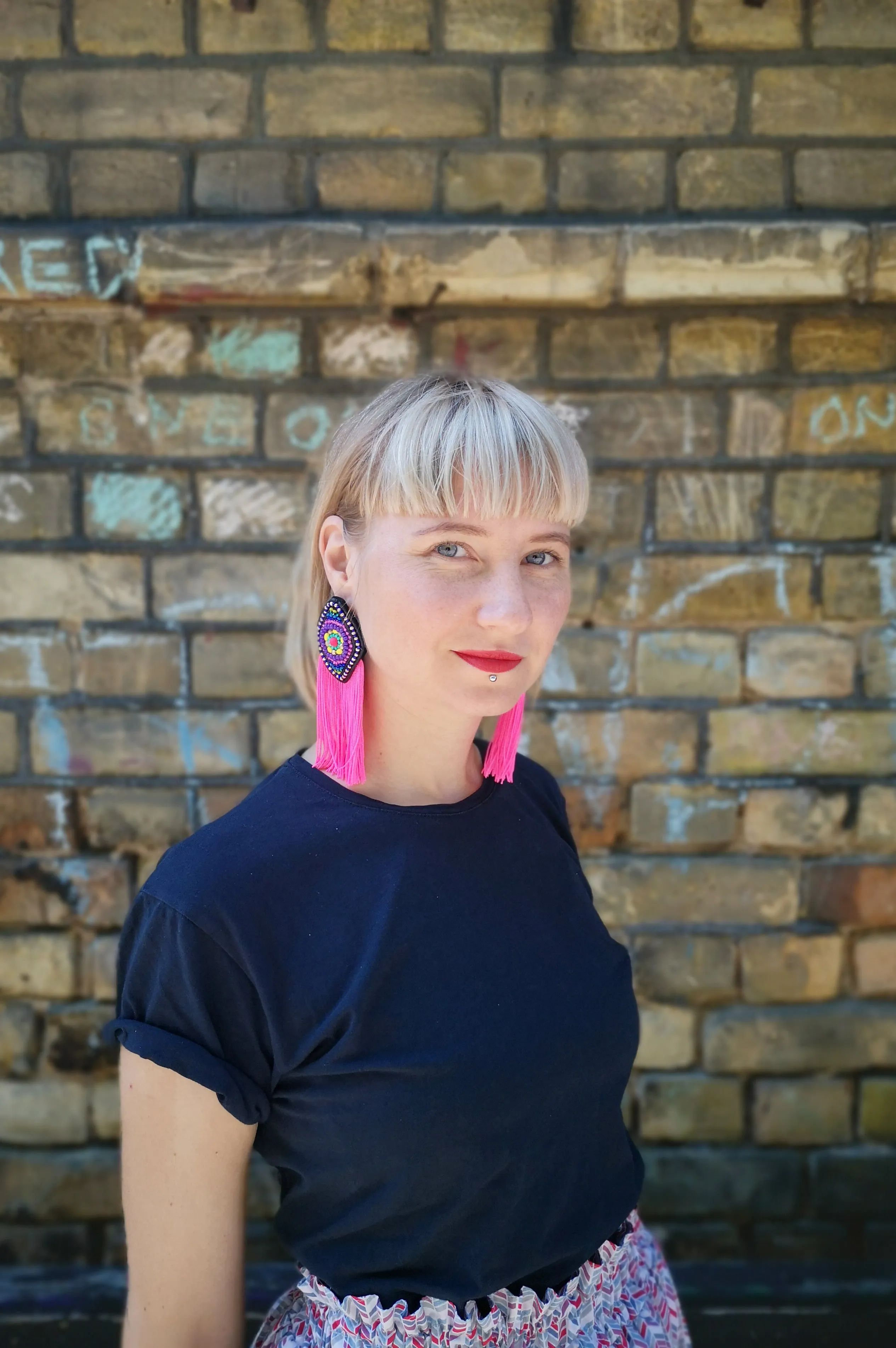 Colorful and super bright South America inspired Rhombus Earrings with Neon Pink Fringe
