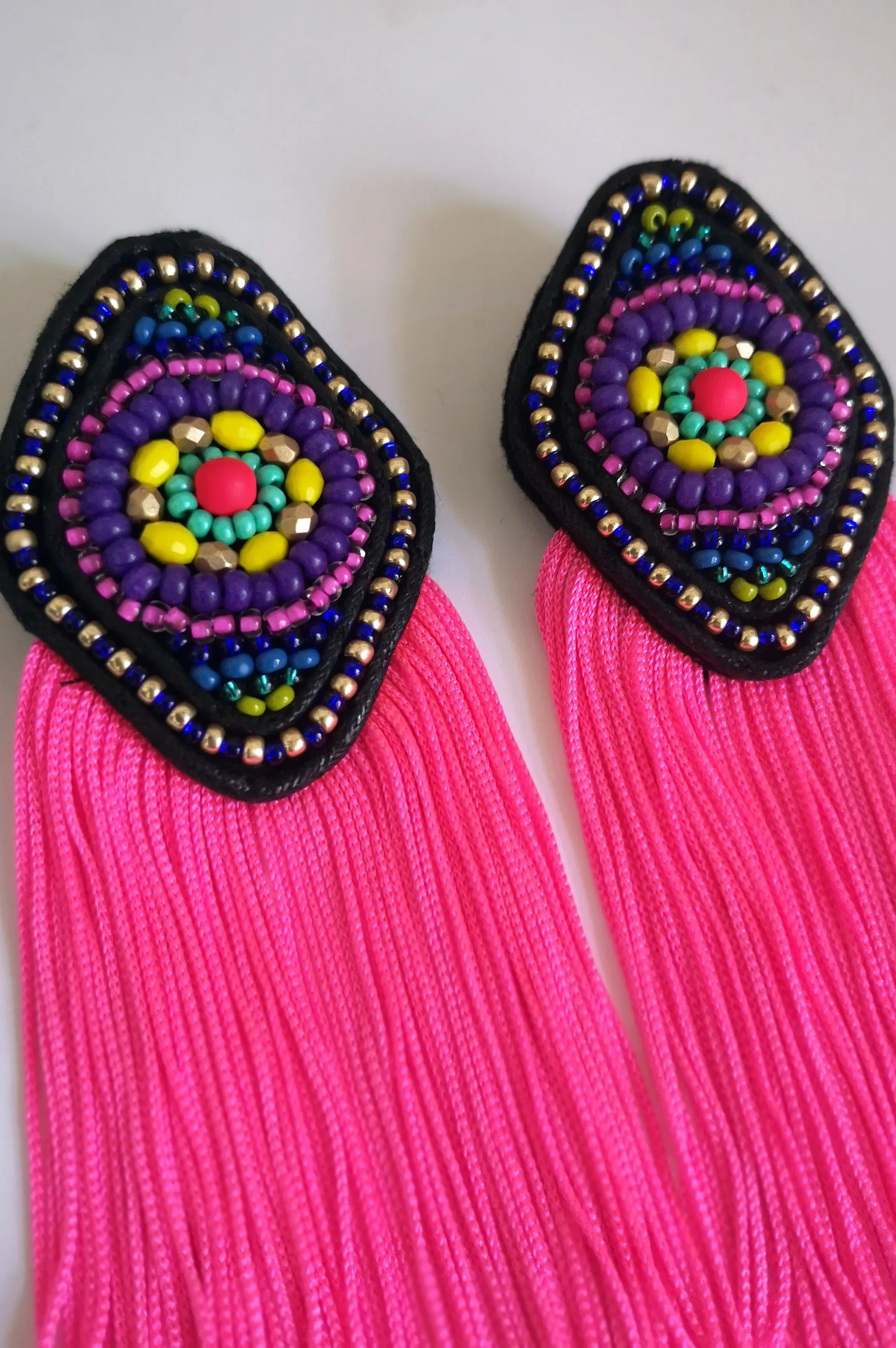 Colorful and super bright South America inspired Rhombus Earrings with Neon Pink Fringe