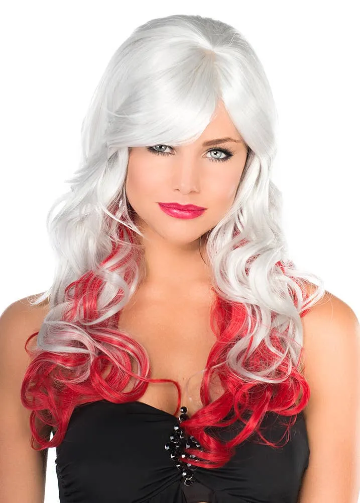 Deluxe Long Curly Grey and Red Womens Costume Wig