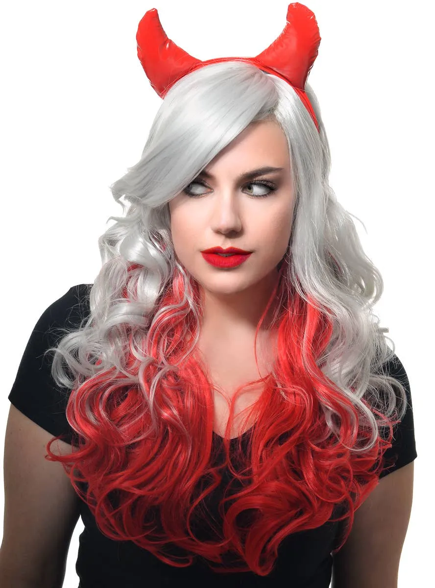 Deluxe Long Curly Grey and Red Womens Costume Wig