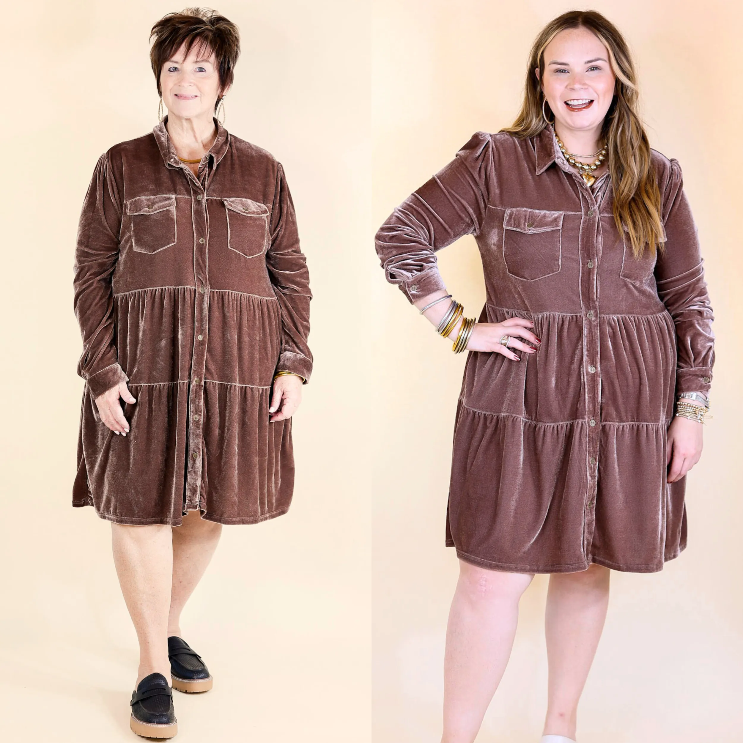 Grateful Gathering Velvet Button Up Dress with Long Sleeves in Almond Brown
