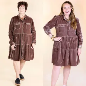 Grateful Gathering Velvet Button Up Dress with Long Sleeves in Almond Brown