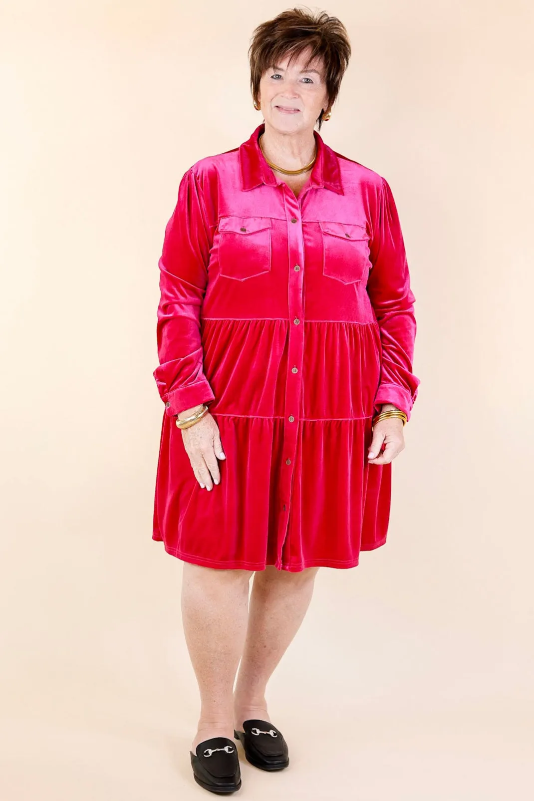 Grateful Gathering Velvet Button Up Dress with Long Sleeves in Raspberry Pink