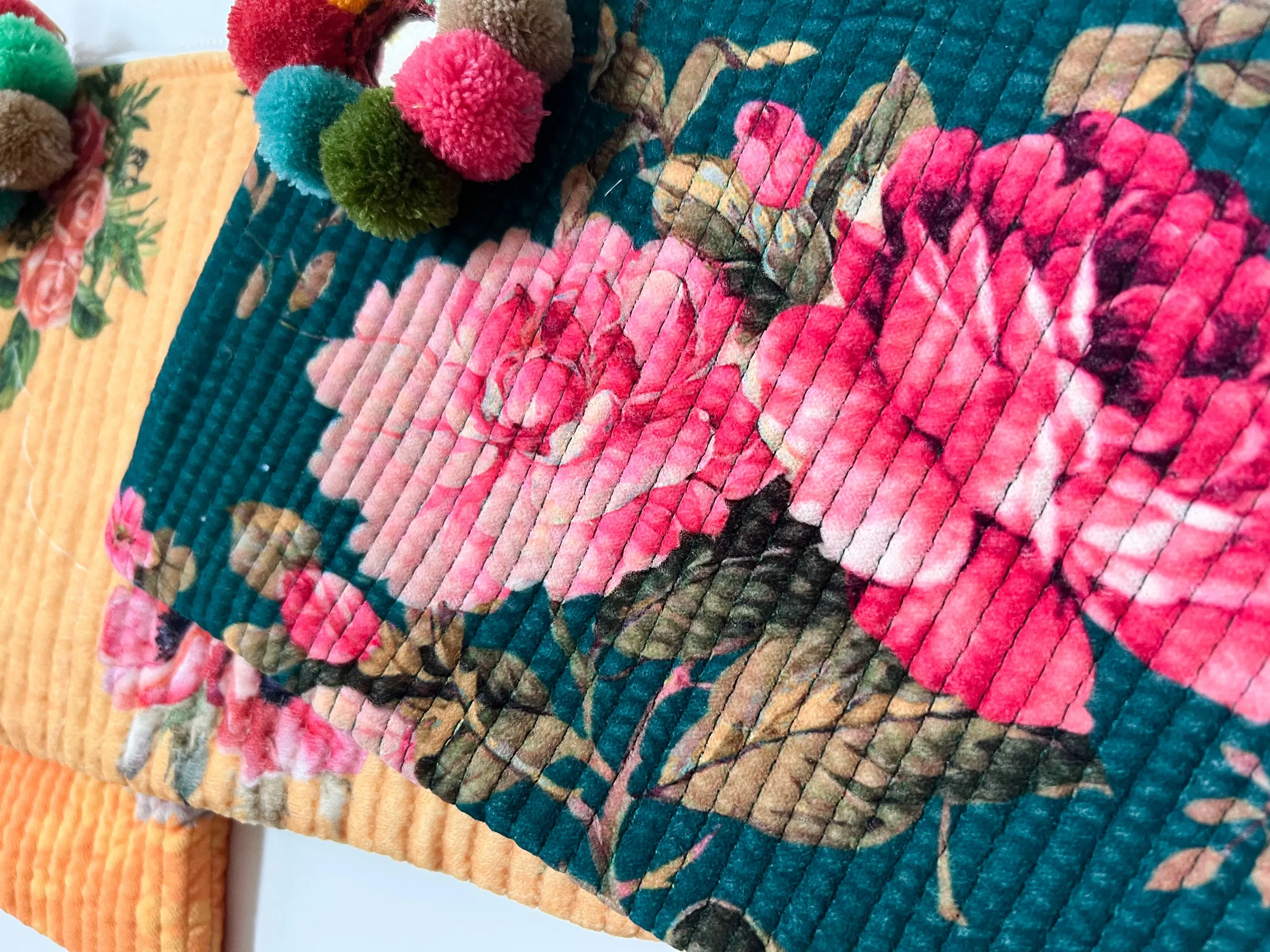 Green with pink floral velvet pouch