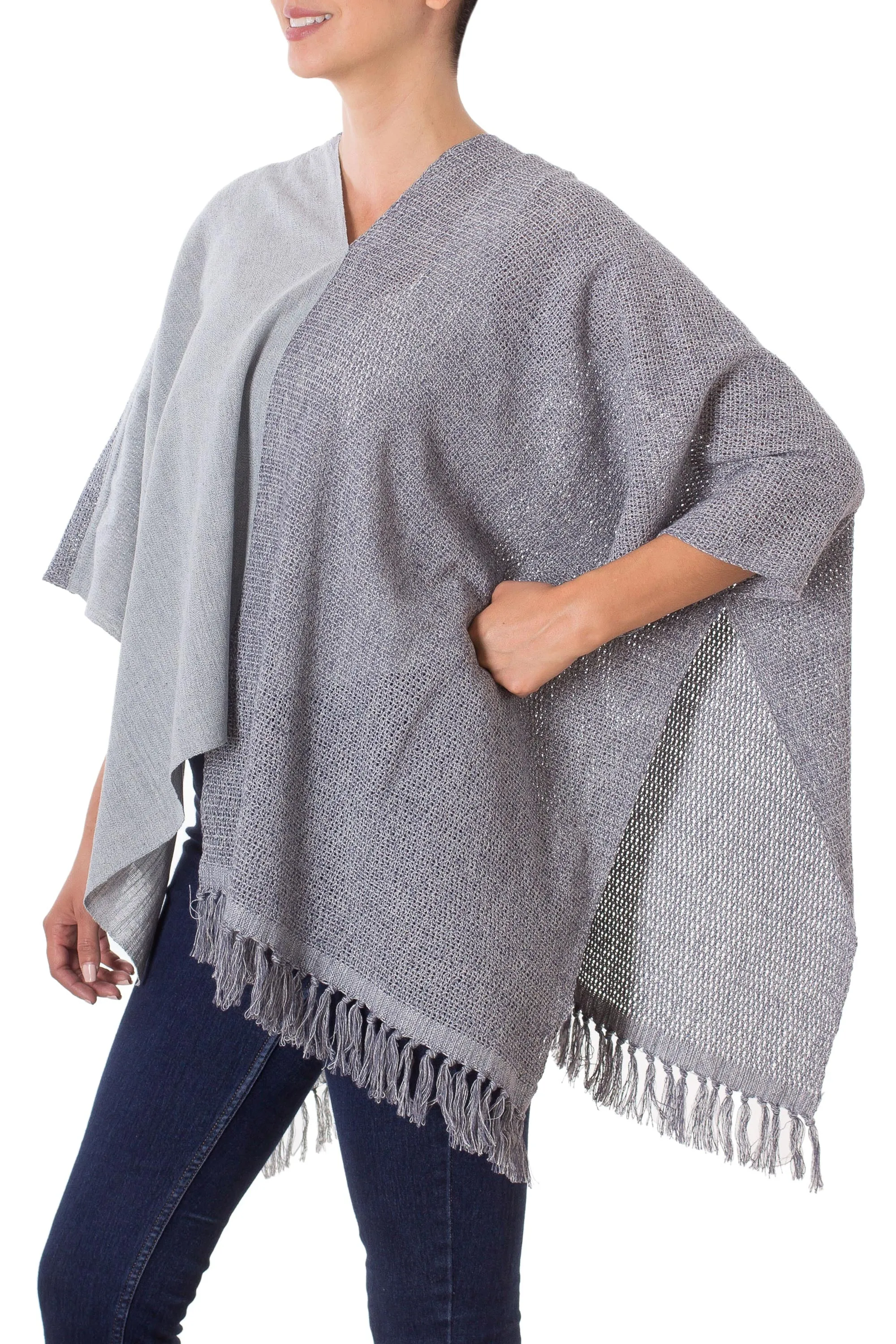 Guatemalan Handwoven Natural and Recycled Cotton Poncho - Textures of Guatemala | NOVICA