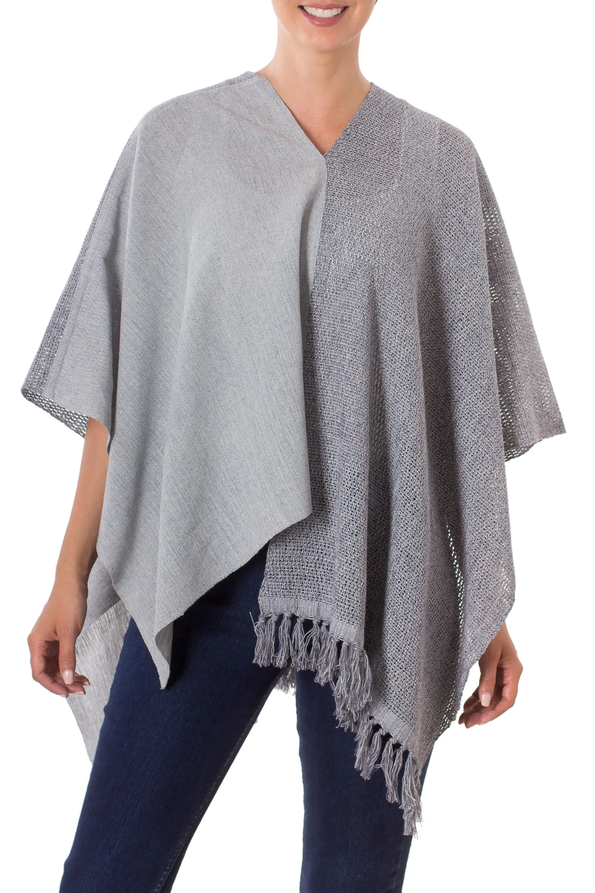 Guatemalan Handwoven Natural and Recycled Cotton Poncho - Textures of Guatemala | NOVICA