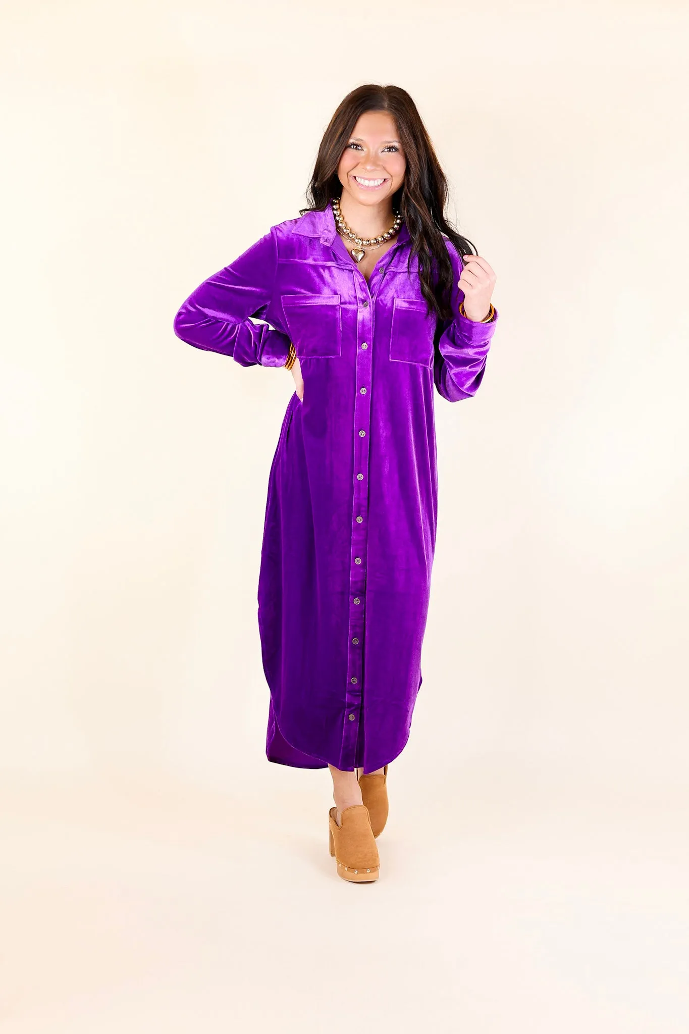 London Fog Velvet Button Up Midi Dress with Long Sleeves in Purple
