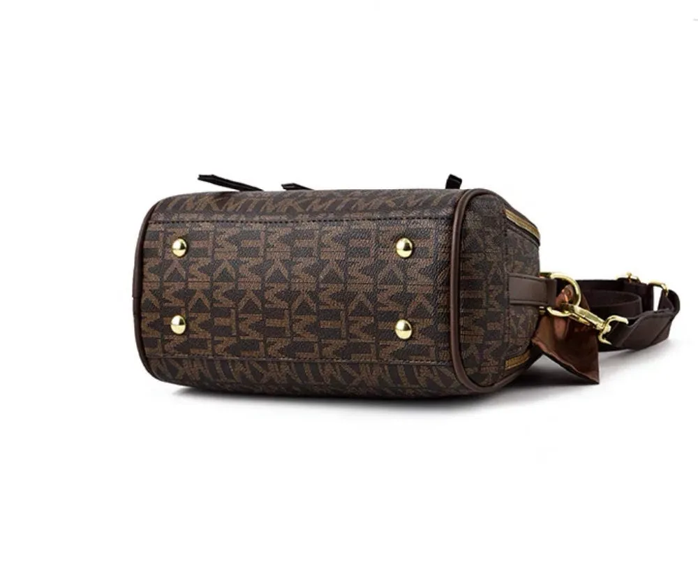 Minimalist Simple Monogram Print Brown Bag, Cute Handle Bag, Crossbody Zipper Bag for Women, Multi Pocket Handheld Handbag   Silk Scarf