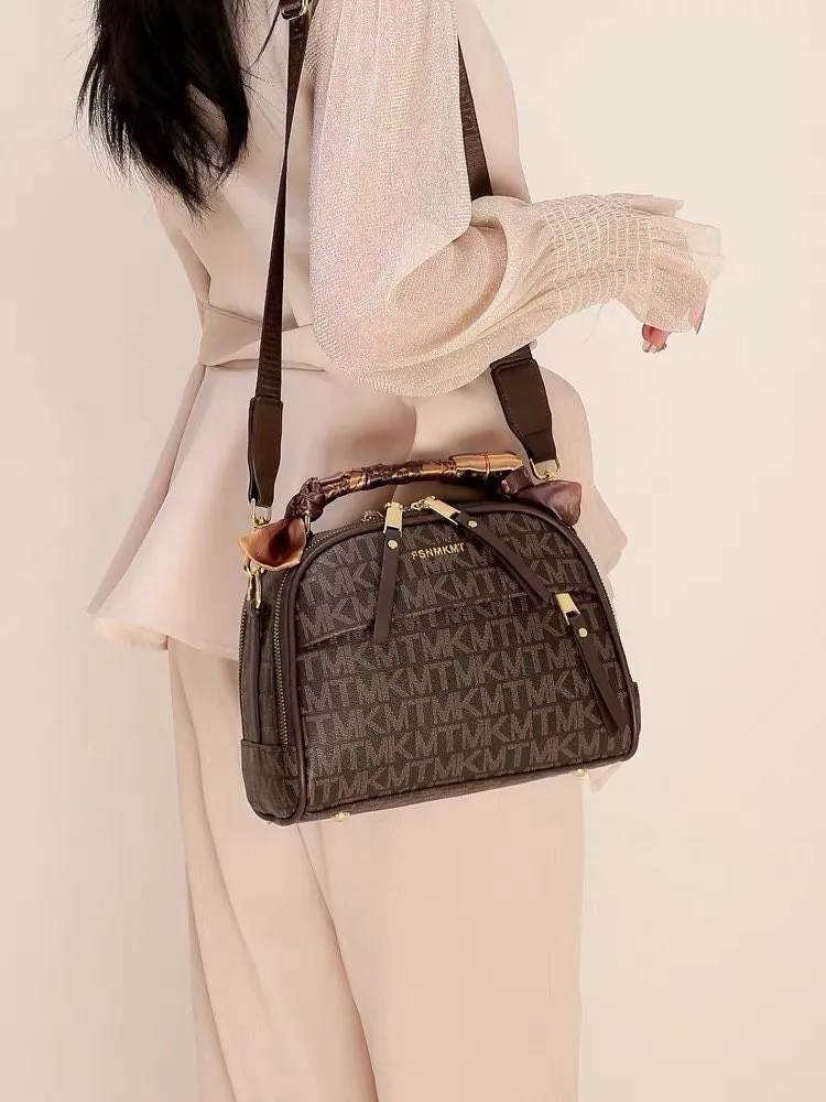 Minimalist Simple Monogram Print Brown Bag, Cute Handle Bag, Crossbody Zipper Bag for Women, Multi Pocket Handheld Handbag   Silk Scarf