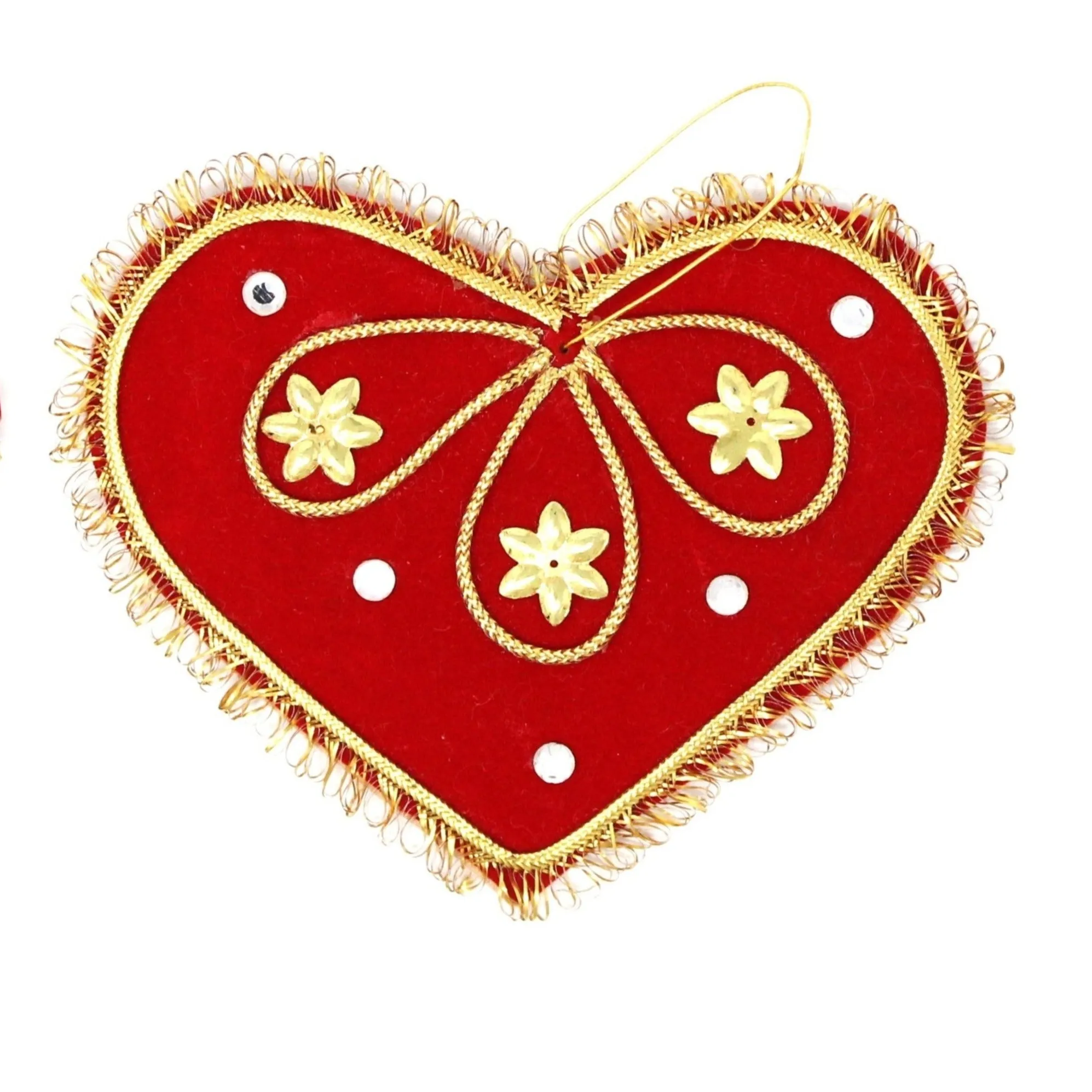 Ornaments, Stars and Hearts, Hand Made, Red Felt with Gold & Silver Beads, Set of 4, Vintage
