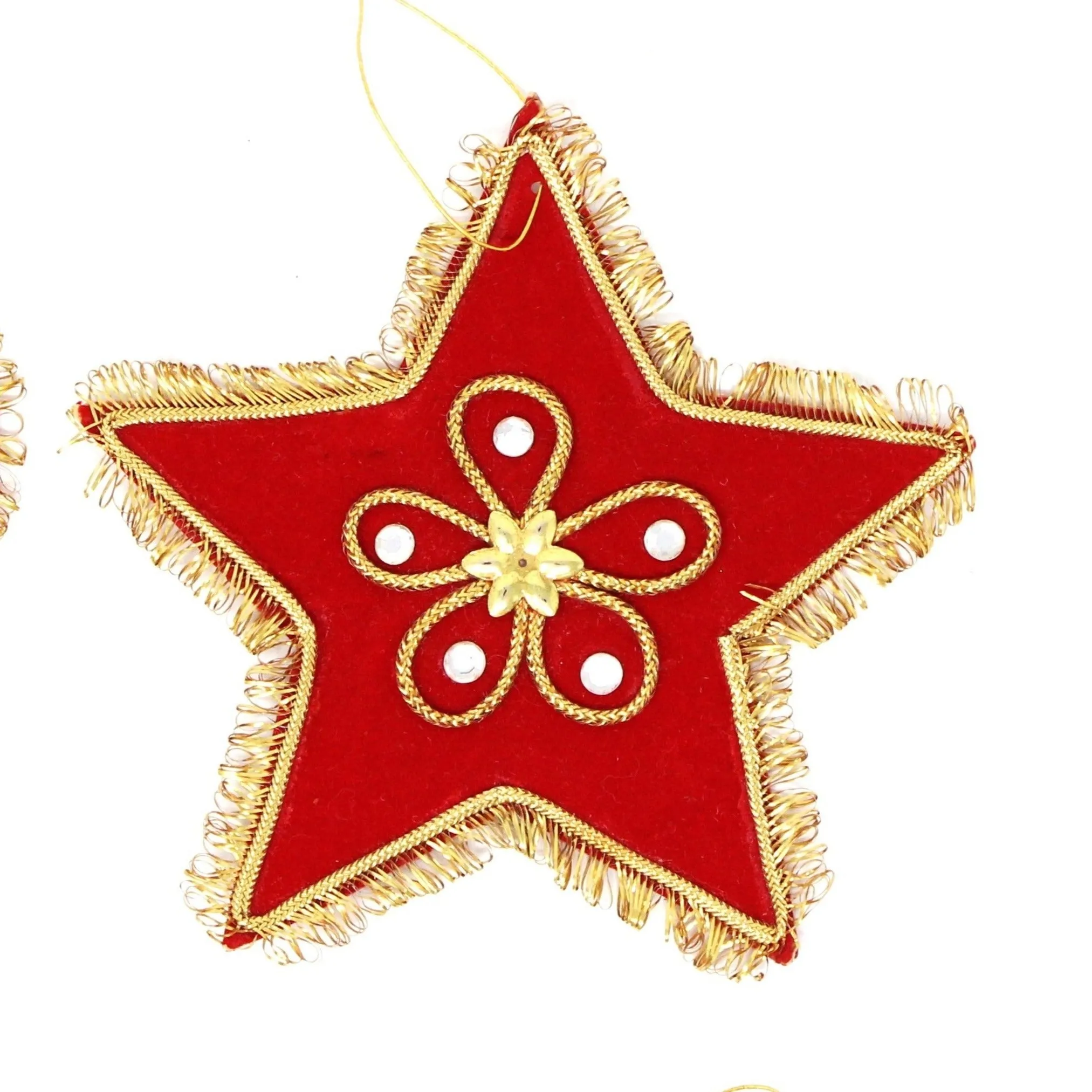 Ornaments, Stars and Hearts, Hand Made, Red Felt with Gold & Silver Beads, Set of 4, Vintage