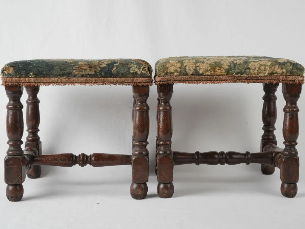 Pair of 17th-century beautiful tapestry stools w/ turned walnut legs