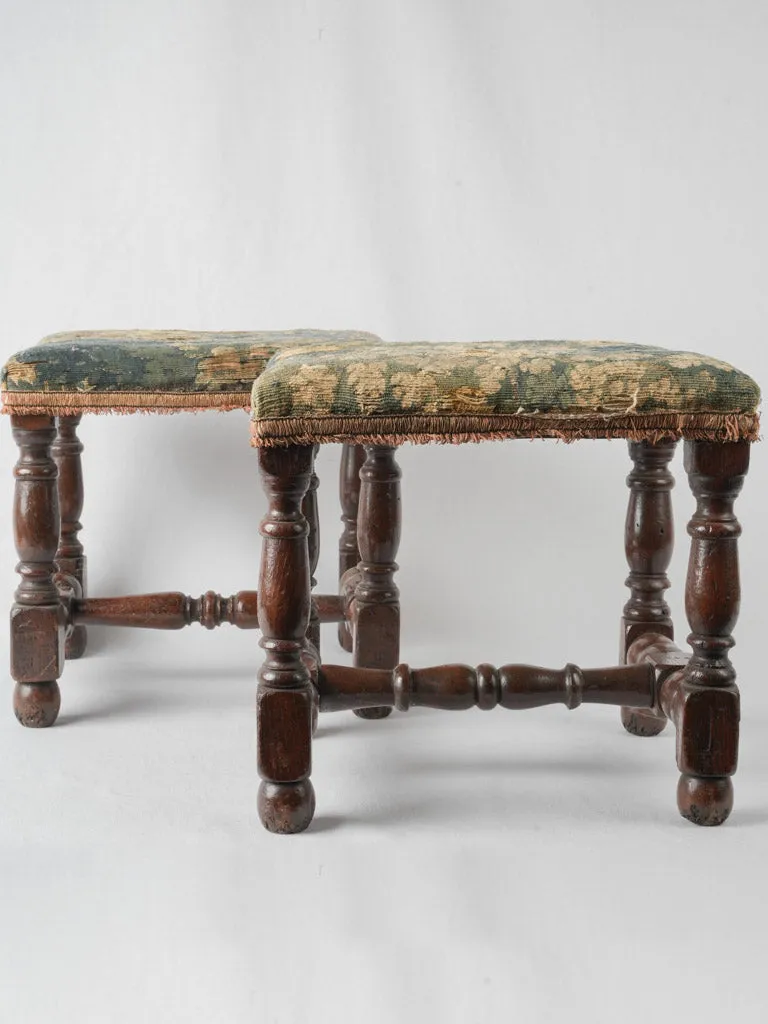 Pair of 17th-century beautiful tapestry stools w/ turned walnut legs