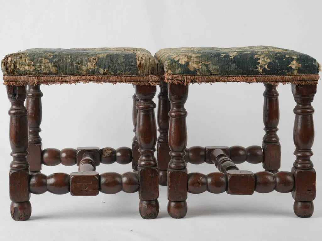 Pair of 17th-century beautiful tapestry stools w/ turned walnut legs