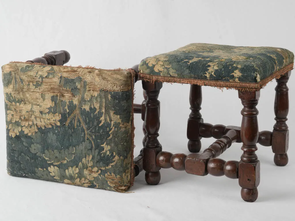 Pair of 17th-century beautiful tapestry stools w/ turned walnut legs