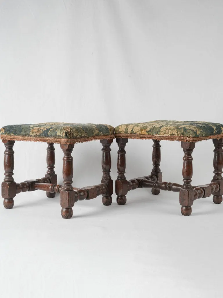 Pair of 17th-century beautiful tapestry stools w/ turned walnut legs