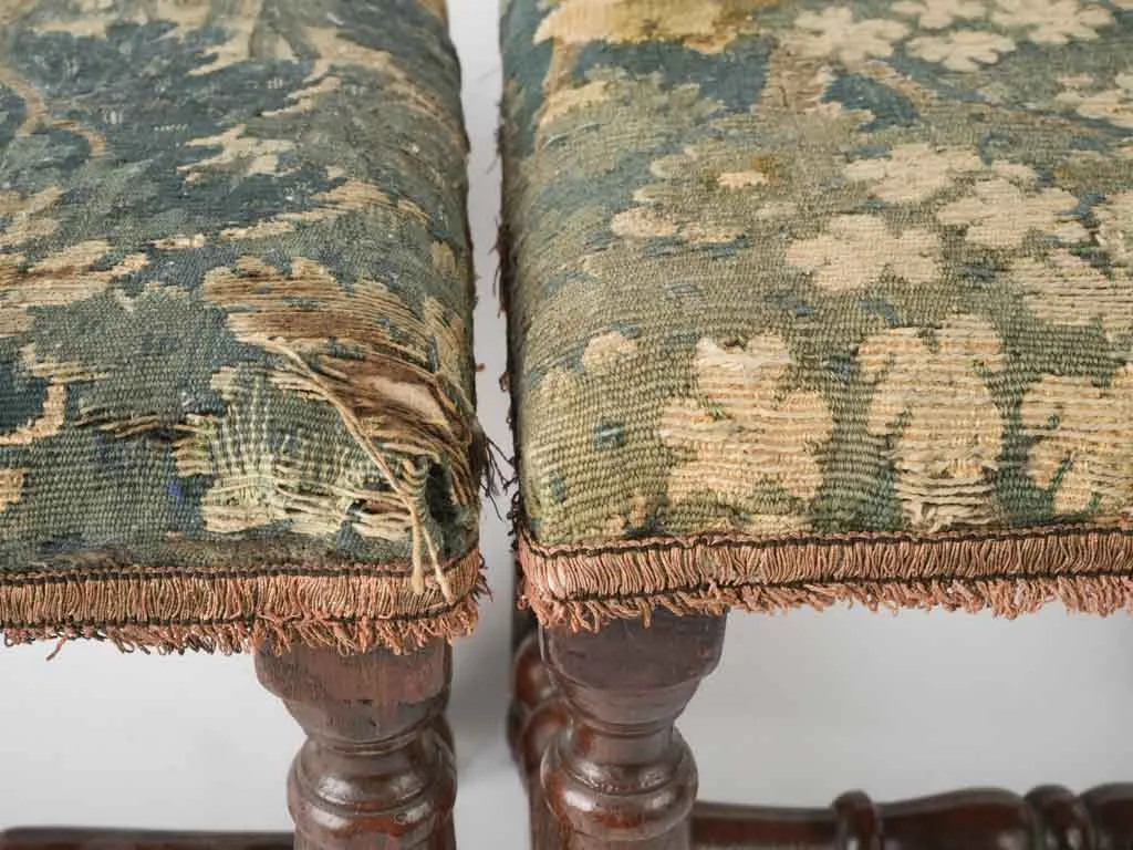 Pair of 17th-century beautiful tapestry stools w/ turned walnut legs