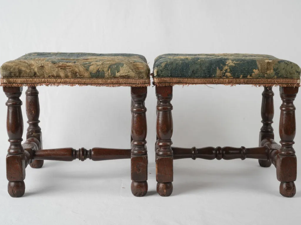 Pair of 17th-century beautiful tapestry stools w/ turned walnut legs