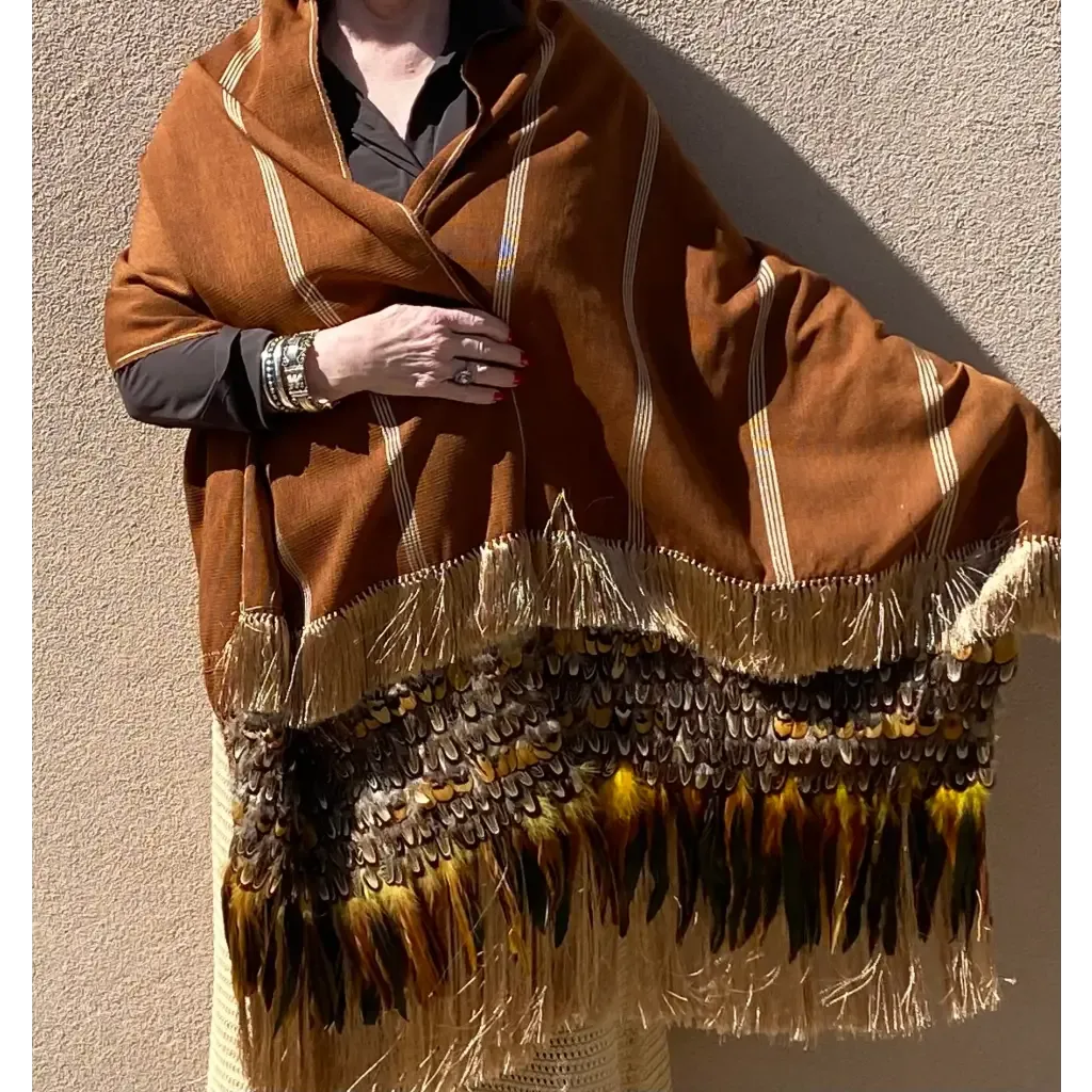 Purepecha rebozo with fringe and feathers