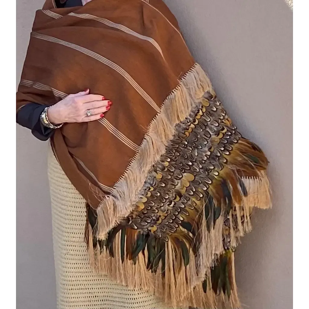 Purepecha rebozo with fringe and feathers